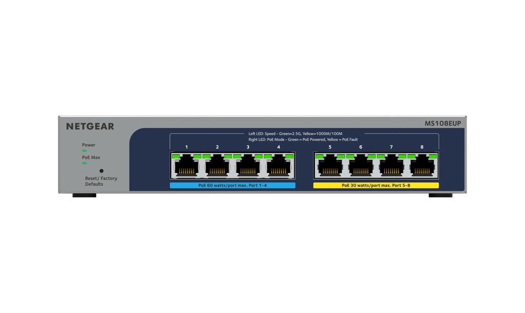 Netgear 8Port Switch 100/1000/2500 MS108EUP  8-Port Ultra60 PoE++ Multi-Gig unmgd Switch